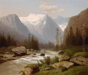 Gebirgsbach Mit Bergpanorama by Adolf Chwala