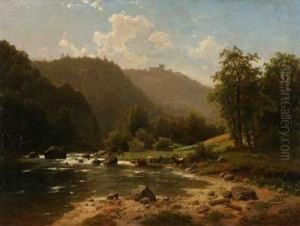 Hirtin Mit Vieh An Der Tranke Am Fuse Einer Burgruine