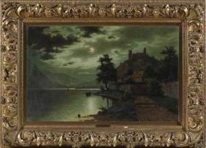Burgruine Uber Mondbeschienener Flusslandschaft by Fritz Chwala
