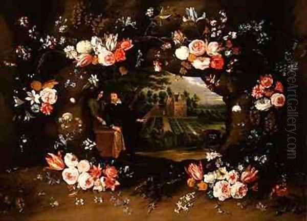 Garland of Flowers Encircling a Medallion Representing Nicolas de Man in front of his Property at Antwerp - view 1