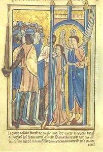 Lot offering his daughters to the inhabitants of Sodom by William de Brailes