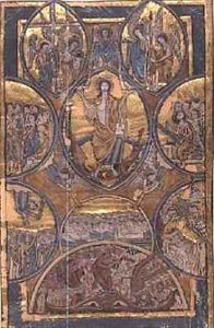 Ms 330 f.3 The Last Judgement with self portrait of the illuminator rescued by his guardian angel by William de Brailes