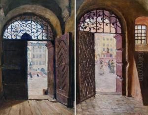 Blick Auf Einen Belebten Marktplatz Durch Geoffnete Turen