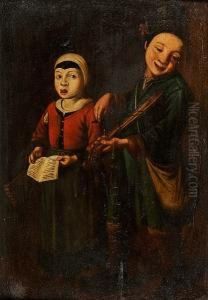 A Young Girl Singing With A Young Boy Playing by Antonio Cifrondi