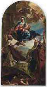 La Madonna Del Carmelo Appare A San Simone Stock, Accompagnato Da Altri Santi