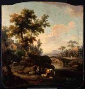 Paesaggio Fluviale Con Pastori,armenti E Ponte Di Pietra In Lontananza by Vittorio Amedeo Cignaroli