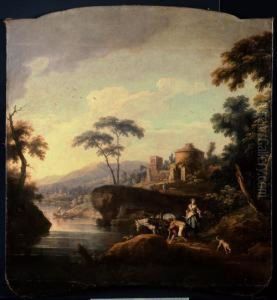 Paesaggio Fluviale Con Coppie Dicontadini In Riva