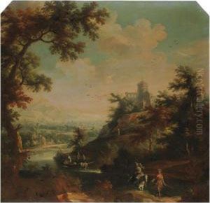 Paesaggio Con Viandanti Lungo Un Fiume, Un Edificio Turrito Sullarocca by Vittorio Amedeo Cignaroli