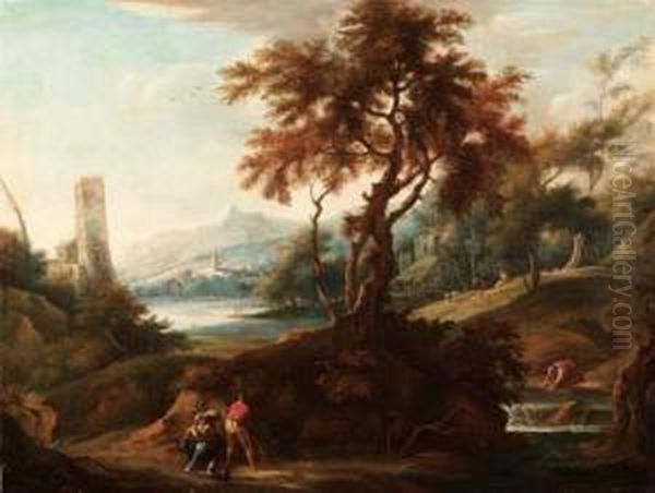 Paesaggio Boscoso Con Figure E Un Torrente - view 1