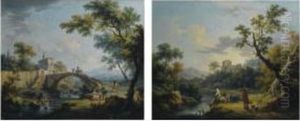 Paesaggio Fluviale Con Ponte E Viandanti; E Paesaggio Fluviale Con Viandanti by Vittorio Amedeo Cignaroli