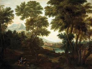 An Extensive Arcadian Landscape With Shepherds And Sheep In The Foreground by Vittorio Amedeo Cignaroli