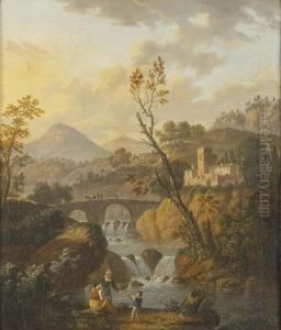 Paesaggio Piemontese Con Torrente, Ponticello E Tre Figure In Primo Piano