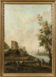 Paesaggio Fluviale, Viandanti E Armenti. by Vittorio Amedeo Cignaroli