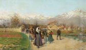 Peasants On The Road Near An Alpine Village by Luigi Cima