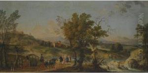 An Elegant Carriage Party Halts On The Via Lauretana by Gianbattista Cimaroli