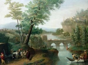 Klassische Flusslandschaft Mit Einer Brucke Uber Die Ein Trauerzug Schreitet