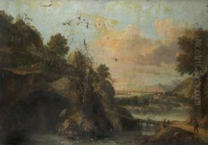 Paysage De Montagne Traverse Par Une Riviere Animee De Promeneurs by Gianbattista Cimaroli
