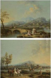 An Italianate Landscape With Elegant Figures On Horseback, Before Ariverside Town by Gianbattista Cimaroli