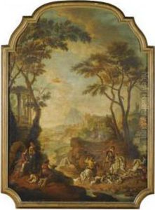 A Wooded River Landscape With A Hunting Party In Theforeground