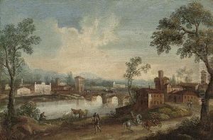 An Italianate Wooded River Landscape With Figures On Horseback, A Village Beyond by Gianbattista Cimaroli