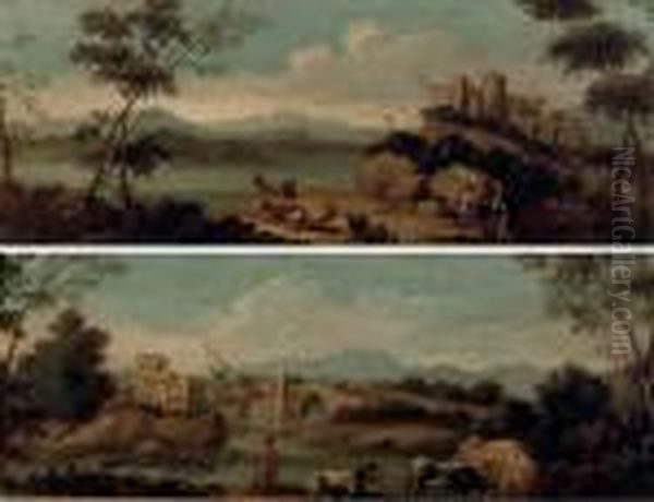 An Italianate River Landscape
With A Herdsman Tending Cows And Travellers On A Track, A Bridge Leading
To A Town Beyond; And An Italianate River Landscape With Peasants
Tending Their Flock Near A Ruined Castle - view 1