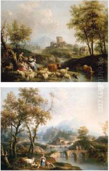 A Pastoral Landscape With 
Shepherdess Resting With Sheep And Cattle At A Watering-hole, A 
Capriccio View Of A Town Beyond - view 1