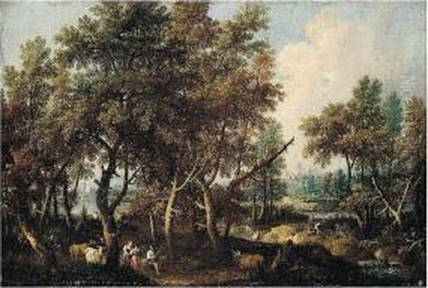 A Pastoral Landscape With Figures And Cattle Rested In A Wooded River Landscape - view 1