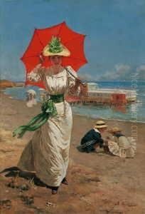 Dame Am Strand Mit Rotem Sonnenschirm. by Fabio Cipolla