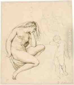 Nackte Trauernde, Sitzend, In Ganzer Figur, Nach Rechts, Mit Zwei Weiteren Figuren by Giovanni Batista Cipriani