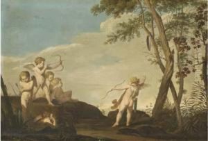 A Mediterranean Landscape With Putti Firing Arrows To Ashield by Giovanni Batista Cipriani