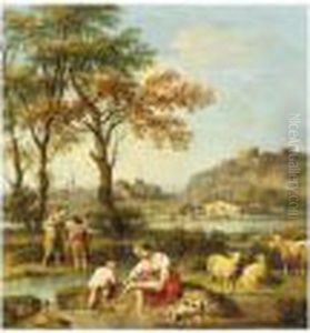 An Italianate Landscape With Figures Washing In A River