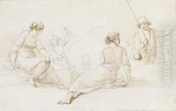 Girls With An Angler On A River Bank - view 1