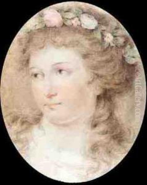 Head Of A Young Girl Wearing A Garland Of Flowers In Her Hair - view 1