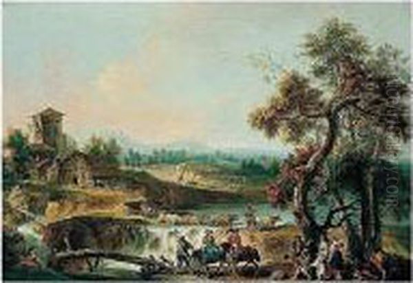A River Landscape With Elegant
Travellers And Other Figures By A Wooden Bridge, A Herdsman Crossing The
River With His Cattle By A Waterfall - view 1