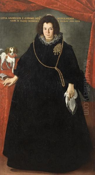 Portrait Of A Lady, Full-length,
 In A Blackdress With A Gold Chain And Brooch, A White Handkerchief In 
Herleft Hand, Standing Beside A Lap Dog And A Sliver-bound Prayer Bookon
 A Table Draped With A Red Cloth - view 1