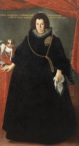 Portrait Of A Lady, Full-length,
 In A Blackdress With A Gold Chain And Brooch, A White Handkerchief In 
Herleft Hand, Standing Beside A Lap Dog And A Sliver-bound Prayer Bookon
 A Table Draped With A Red Cloth