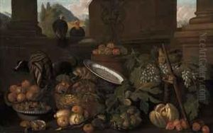 Peaches, Pears, Apples, Lemons,
Figs And Grapes, In Baskets, With Adog And Two Turkeys, In A Classical
Architectural Setting, Alandscape Beyond by Pier Francesco Cittadini