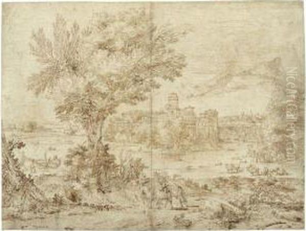 An Extensive Landscape, Two Riders In The Foreground, Afortified Town On A River Beyond - view 1