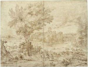 An Extensive Landscape, Two Riders In The Foreground, Afortified Town On A River Beyond An Extensive Landscape, Two Riders In The Foreground, Afortified Town On A River Beyond