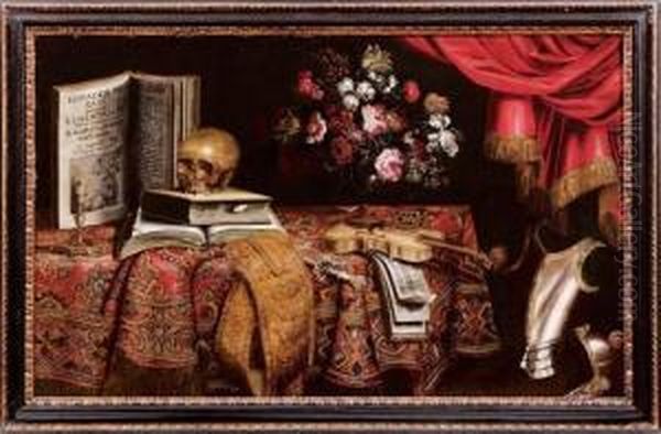 Natura Morta Con Libri, Teschio, Un Violino E Un Vaso Di Fiori Su Un Tappeto - view 1