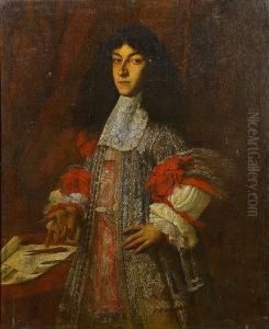 Portrait Of An 
Architect,three-quarter-length, In A Blue Embroidered Coat Decorated 
With Redribbons, Standing Beside A Table With Architectural Drawings