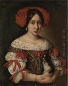 Portrait Of A Lady, Half-length,
Wearing An Elaborately Embroidered Dress With Red Ribbons And A Red
Ribboned Headdress And Holding A Dog by Pier Francesco Cittadini
