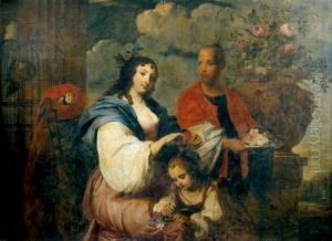 Jeune Femme Ornant Les Cheveux 
De Sa Fille De Fleurs Sur Une Terrasse Devant Un Jardin Classique