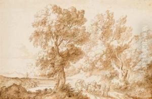 Deux Voyageurs Sur Un Chemin Avec Chevaux Et Moutons Dans Un Paysage Arbore by Pier Francesco Cittadini
