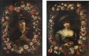 Ghirlanda Di Fiori Con Suonatore;ghirlanda Di Fiori Con Contadina by Pier Francesco Cittadini