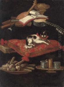 A Spaniel On An Embroidered
Cushion With A Plate Of Sweetmeats, Condiments, Books And Musical
Instruments by Pier Francesco Cittadini