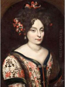 Portrait Of A Lady, Half Length,
 Wearing Ribbons In Her Hair And A White Embroidered Dress