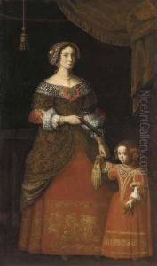 Double Portrait Of A Lady And
Her Daughter, Both Full-length, In Red Embroidered Dresses, A Green
Curtain Above by Pier Francesco Cittadini
