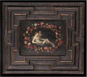 Venus And Cupid Within A Floral Garland by Pier Francesco Cittadini