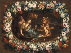 The Penitent Magdalene Presented
 With The Instruments Of The Passion By Angels, Within A Garland Of 
Flowers by Pier Francesco Cittadini
